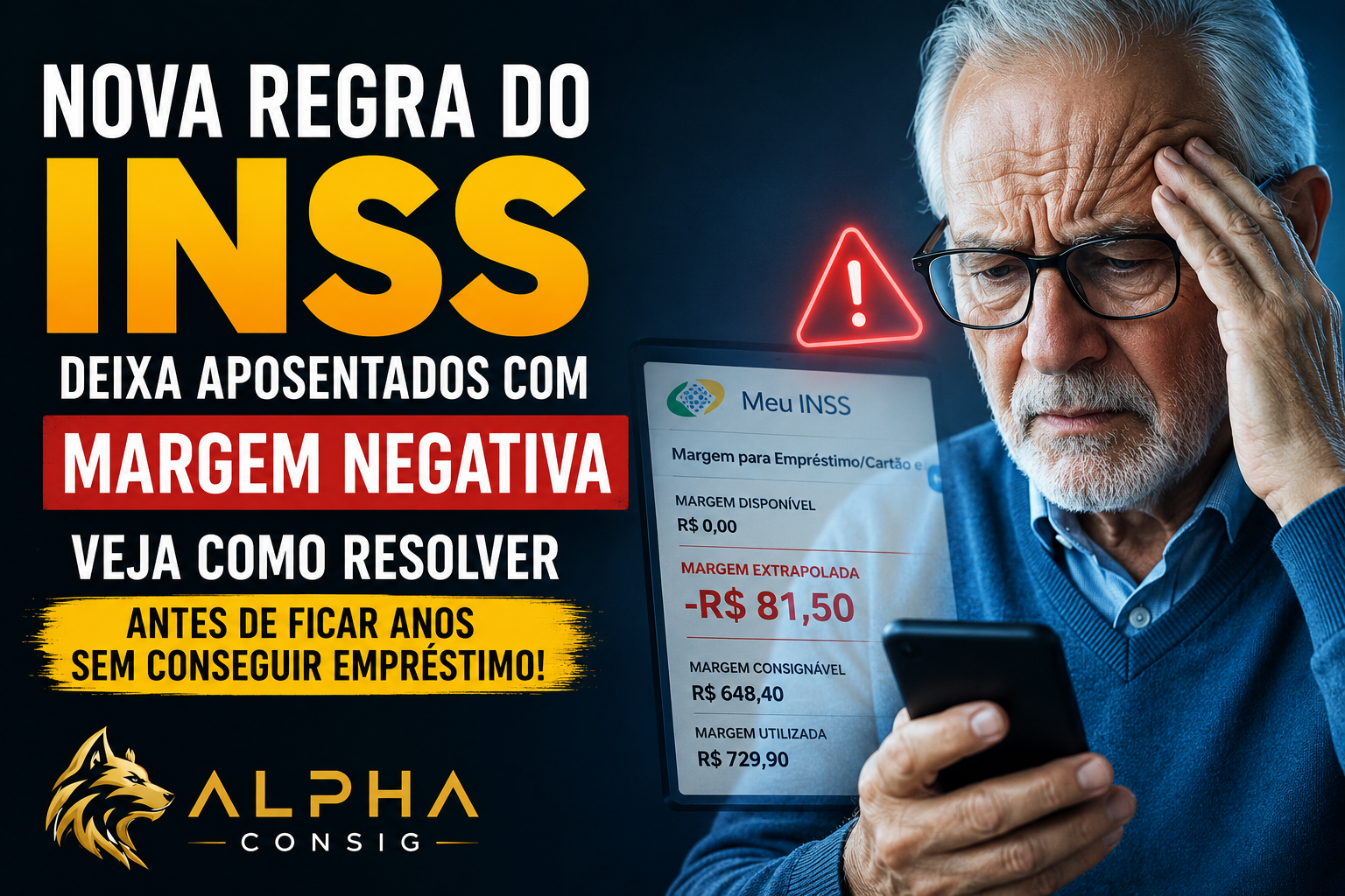 Aposentado preocupado ao consultar margem negativa do INSS e descobrir que pode ficar sem empréstimo por causa da nova regra da margem consignável.